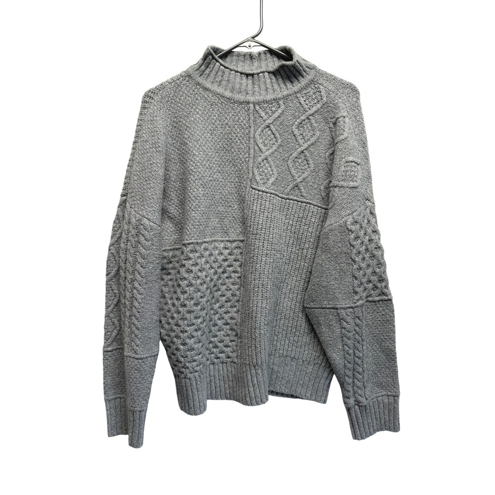 American Eagle Gray Patchwork Cable Knit Mock Neck Oversized Sweater Large
